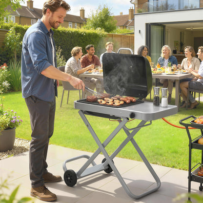 Outsunny Foldable Gas BBQ Grill with Side Table, Portable Gas Barbecue Grill with Thermometer, Grease Box, Wheels, 2.5 kW, Black