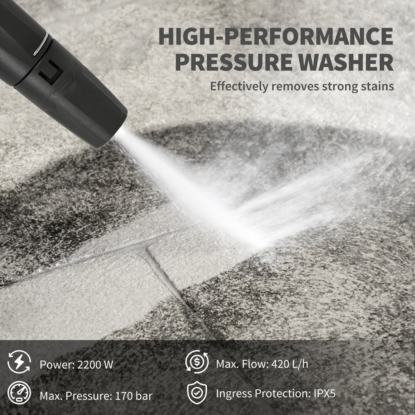 Outsunny 2200W HighÂ PressureÂ Washer, 170 Bar Pressure Washer with Adjustable Nozzle and 6M Hose, 32W x 32D x 80H cm Blue