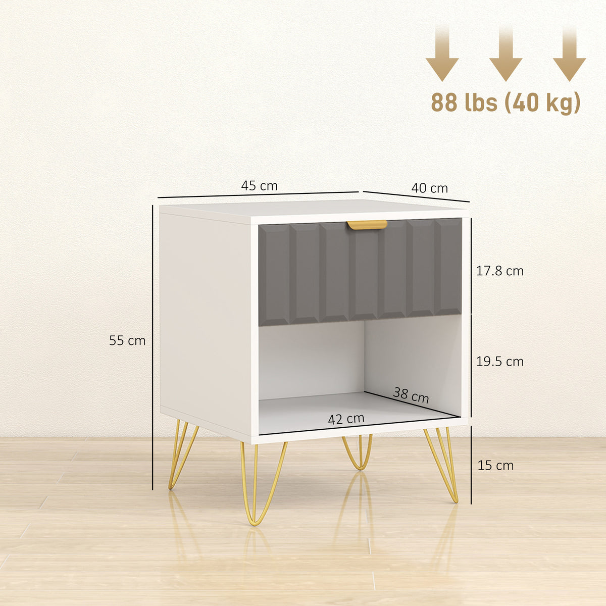 HOMCOM Bedside Table Modern Bedside Cabinet with Drawer and Open Compartment, 45 x 40 x 55, White