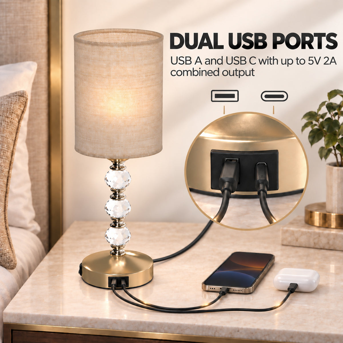 HOMCOM Bedside Lamp, Modern Crystal Decoration Table Lamp with PVC shade, USB A+C Charging Ports, Bulb Not Included, Gold Tone