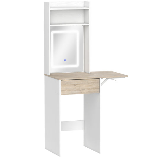 HOMCOM Small Vanity Desk with Mirror and LED Lights, Compact Dressing Table with Drop Leaf, Open Shelves and Drawer, White