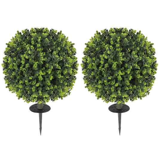 HOMCOM Set of 2 40 cm Artificial Boxwood Topiary Ball Bush with Integrated Ground Stake, Indoor Outdoor UV Resistant Faux Greenery, Faux Plants for Garden, Porch, Balcony