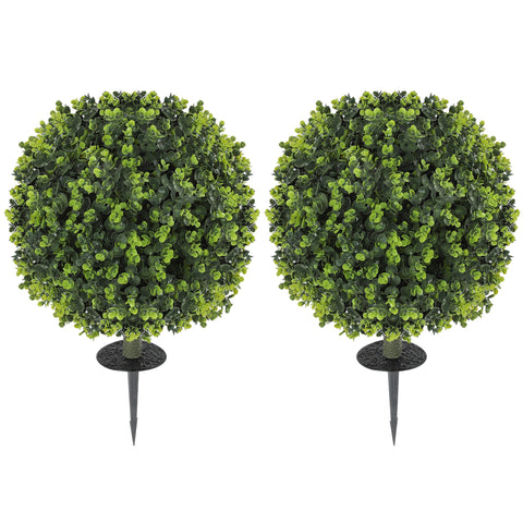 HOMCOM Set of 2 40 cm Artificial Boxwood Topiary Ball Bush with Integrated Ground Stake, Indoor Outdoor UV Resistant Faux Greenery, Faux Plants for Garden, Porch, Balcony