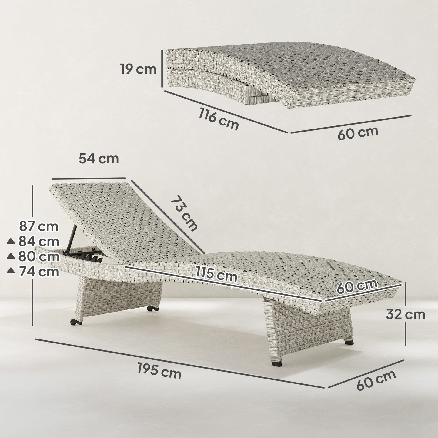 Outsunny Outdoor PE Rattan Sun Lounger, Folding Wicker Garden Lounger Recliner with 4-Level Adjustable Backrest, Rolling Sunbed Lounge Chair with Wheels, Non-Slip Legs for Balcony, Beach, Grey