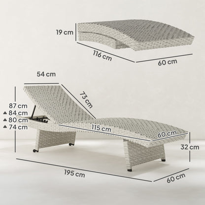 Outsunny Outdoor PE Rattan Sun Lounger, Folding Wicker Garden Lounger Recliner with 4-Level Adjustable Backrest, Rolling Sunbed Lounge Chair with Wheels, Non-Slip Legs for Balcony, Beach, Grey