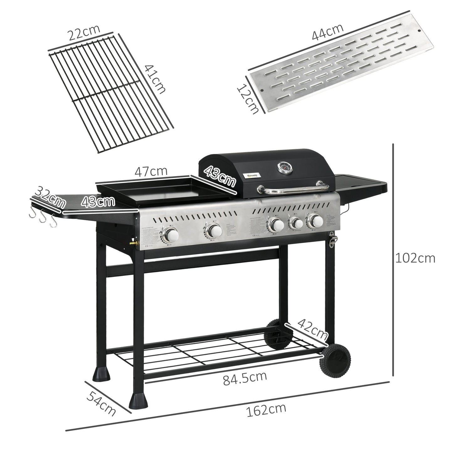Outsunny 12kW Deluxe Duo Gas BBQ, with Grill, Plancha and Side Burner - Black