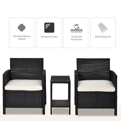 Outsunny 2-Seater PE Rattan Side Table & Armchair Bistro Set Jack and Jill Seat w/ Pillows Black