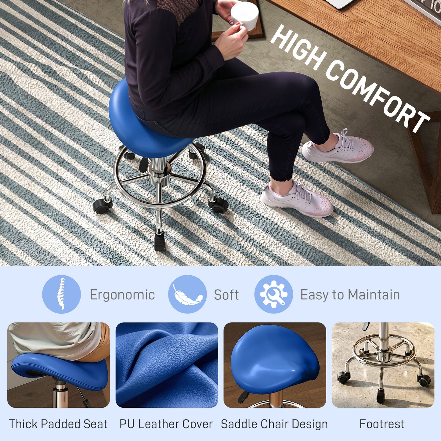 HOMCOM Salon Saddle Stool, Rolling Saddle Chair for Massage, Spa, Clinic, Beauty, Hairdressing and Tattoo, Blue