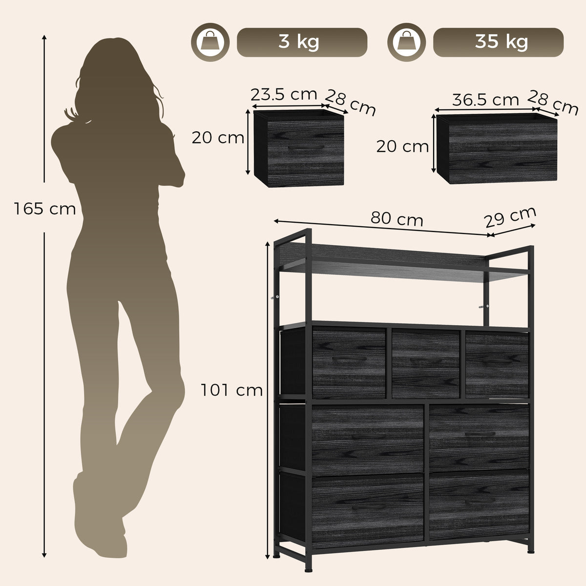 HOMCOM Chest of Drawers, Bedroom Fabric Dresser with 7 Drawers, Storage Organiser Unit with Open Shelves, Black Wood-Effect