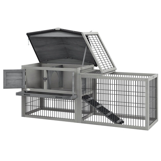 PawHut Wooden Rabbit House Hutch with Outdoor Run Grey