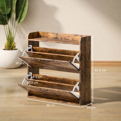 HOMCOM Two Flip Drawer Narrow Shoe Cabinet with Adjustable Shelves - Rustic Brown