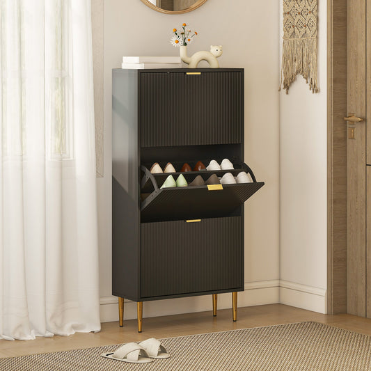 HOMCOM Narrow Shoe Cabinet with 3 Flip Drawers - Black
