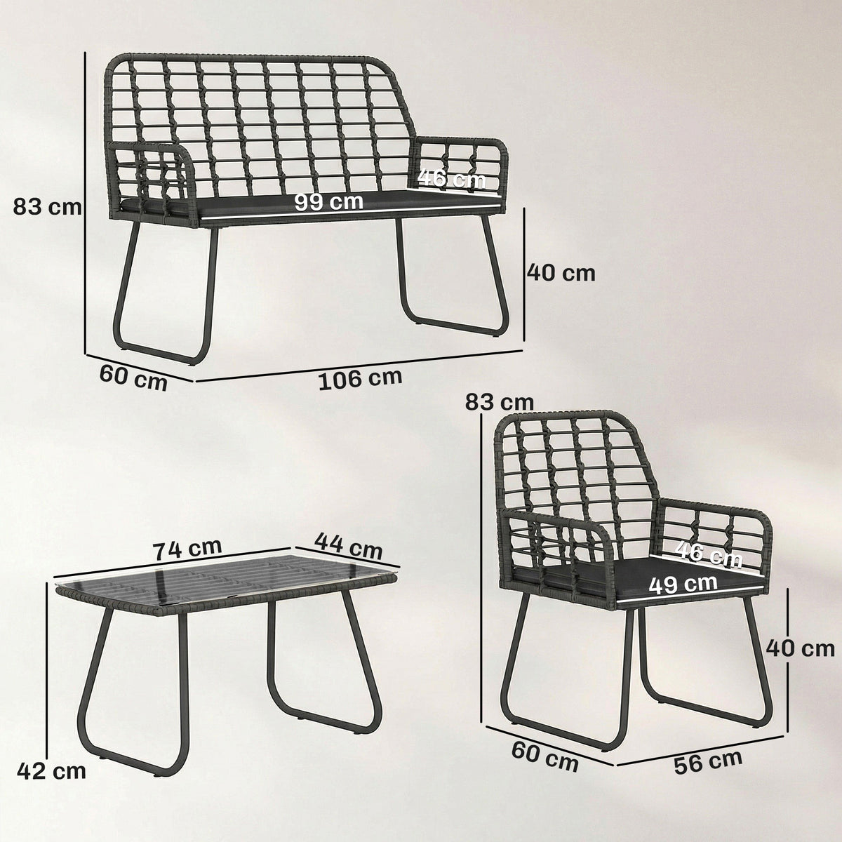 Outsunny 4 Piece Rattan Garden Furniture Set, Outdoor Patio Furniture with Loveseat, Armchairs and Coffee Table