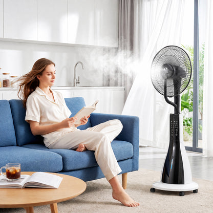 HOMCOM Pedestal Fan with Water Mist Spray, Spray Misting Fan with 75° Oscillation, Remote Control, Tilt Head, 3 Speeds, 3 Modes, 3 Mist, 3L Water Tank, Wheels, for Home, 125 cm