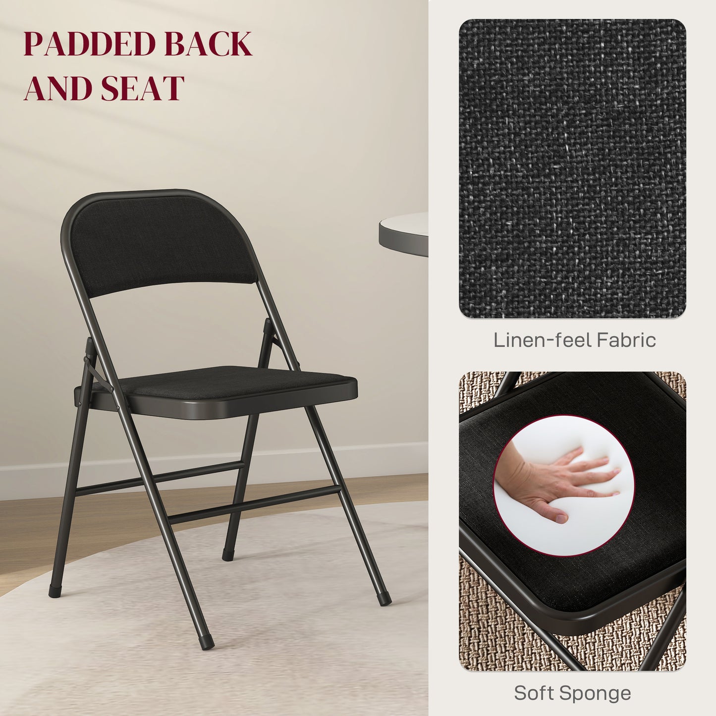 HOMCOM Linen-Look Set of Four Cushioned Folding Chairs - Black