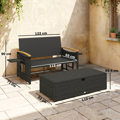 Outsunny Double Garden Rattan Daybed, Wicker Sun Bed Chaise Lounger with Storage Ottoman, 4-Level Adjustable Backrest, Dark Grey