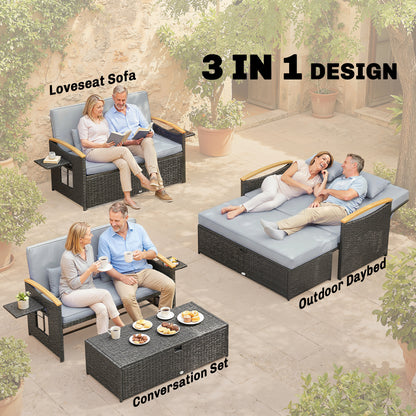Outsunny Double Garden Rattan Daybed, Wicker Sun Bed Chaise Lounger with Storage Ottoman, 4-Level Adjustable Backrest, Dark Grey