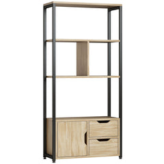 HOMCOM 4-Tier Bookcase, Bookshelf with 1 Cabinet and 2 Drawers for Living Room, Bedroom, Study, Natural Wood