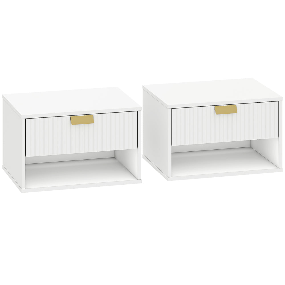 HOMCOM Set of 2 Wall Mounted Nightstands, Floating Bedside Tables with Fluted Drawer and Open Shelf for Small Bedroom, White