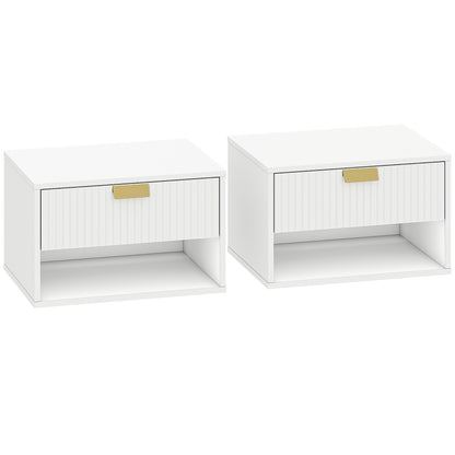 HOMCOM Set of 2 Wall Mounted Nightstands, Floating Bedside Tables with Fluted Drawer and Open Shelf for Small Bedroom, White