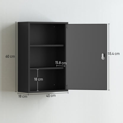 kleankin 3-Tier Steel Wall Mount Medicine Cabinet, First Aid Cabinet Lockable with 2 Keys for Bathroom and Kitchen, Black