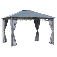 Outsunny 3 x 3.6m Hardtop Gazebo Canopy with Polycarbonate Roof, Permanent Pavilion Garden Gazebo with Curtains for Patio, Deck, Grey