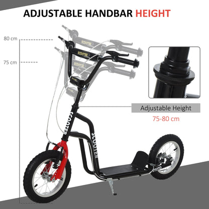 HOMCOM Teen Kick Scooter with Adjustable Handlebar, Inflatable Wheels, Two Brakes, Black