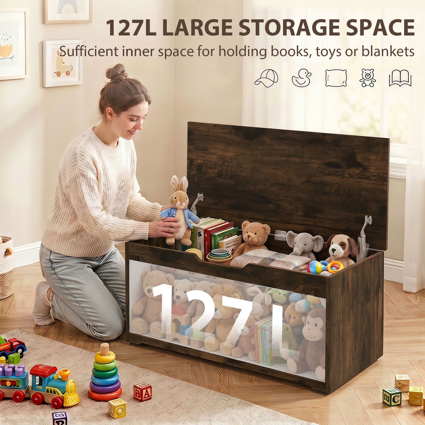 HOMCOM 127L Home Storage Box, with Safety Hinges - Rustic Brown Wood-Effect