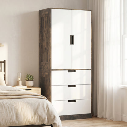 HOMCOM Modern Clothes Storage Cupboard Unit, 3 Drawer 2 Door Wardrobe with Hanging Rod, Rustic Brown
