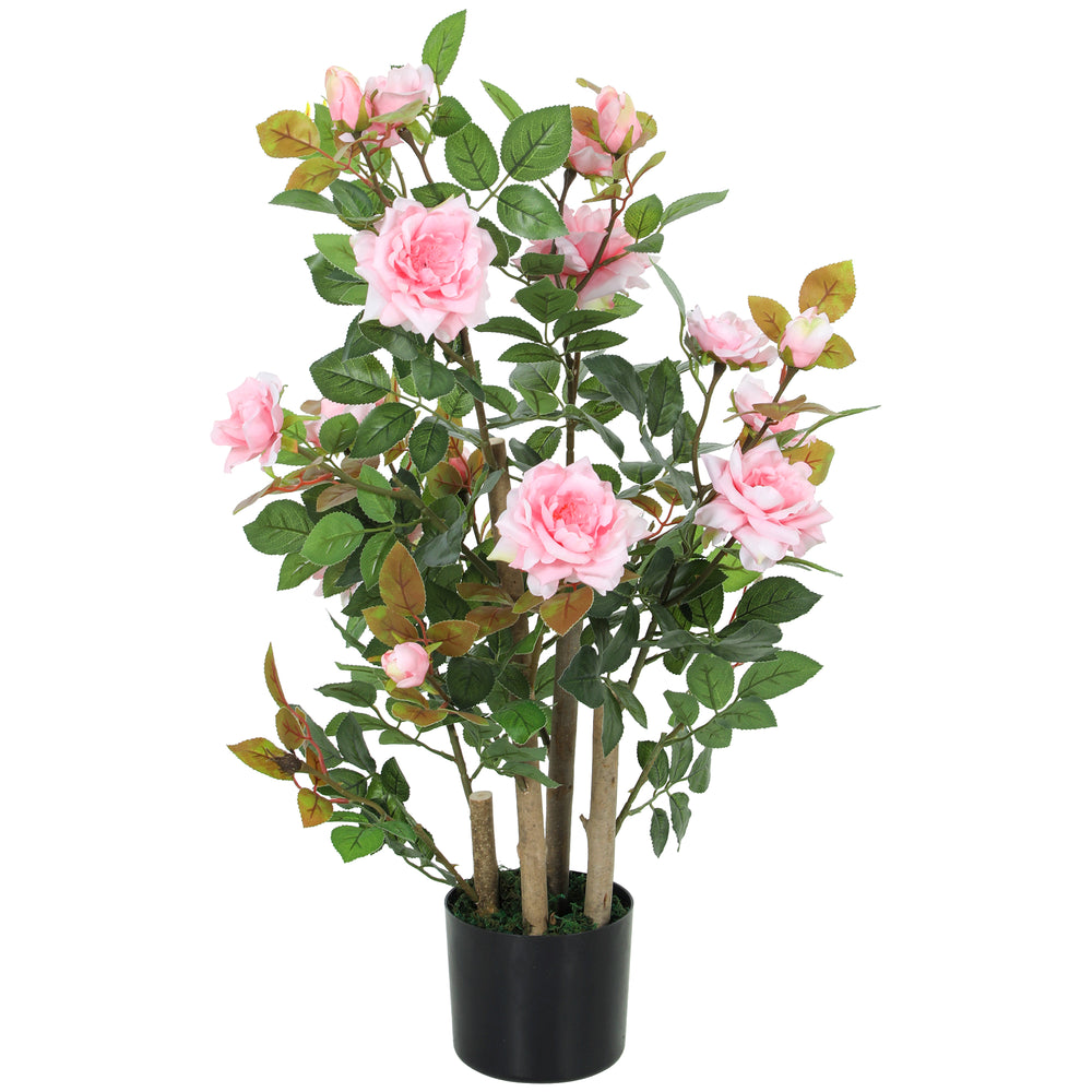 HOMCOM 90cm Artificial Rose Tree, Decorative Fake Plant with 344 Silk Leaves 17 Flowers for Outdoor Indoor Decor, Pink