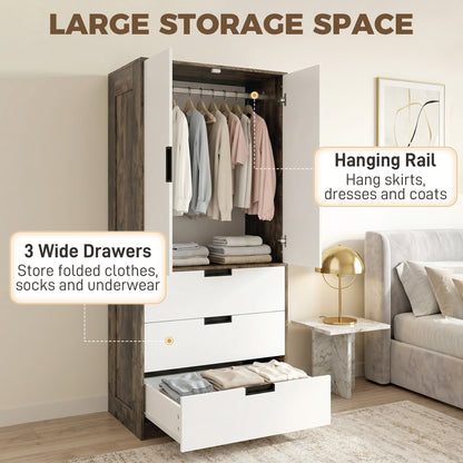 HOMCOM Modern Clothes Storage Cupboard Unit, 3 Drawer 2 Door Wardrobe with Hanging Rod, Rustic Brown