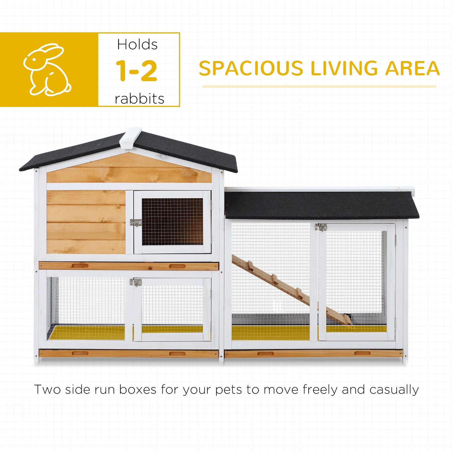 PawHut Rabbit Hutch Guinea Pig Hutch Wooden House with Run, 2 Tier Pet Cage Outdoor with No-leak Plastic Trays, 157.4 x 53 x 93.5cm, Yellow