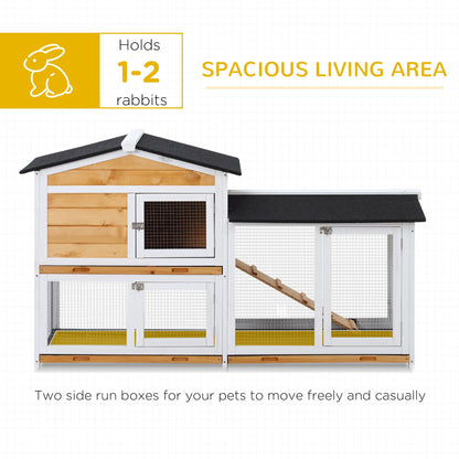 PawHut Rabbit Hutch Guinea Pig Hutch Wooden House with Run, 2 Tier Pet Cage Outdoor with No-leak Plastic Trays, 157.4 x 53 x 93.5cm, Yellow