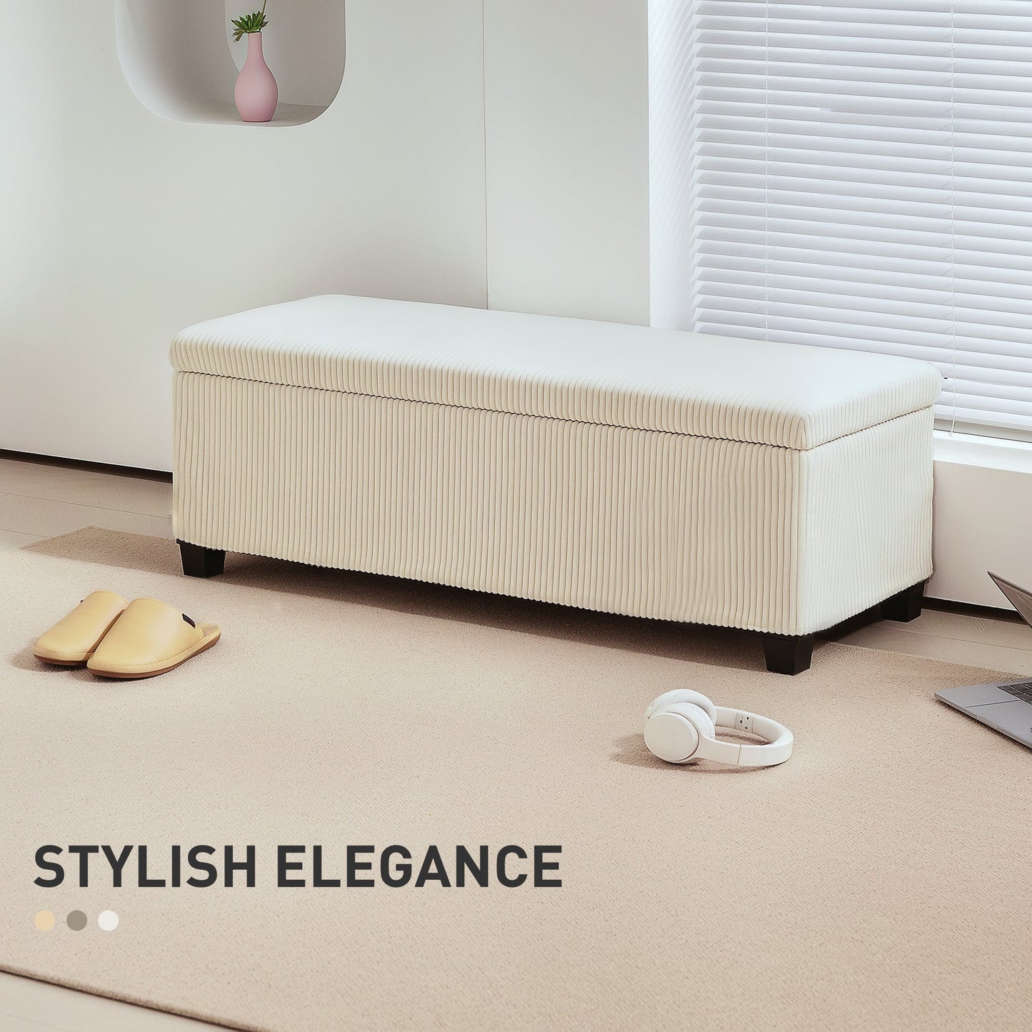 HOMCOM Storage Ottoman Bench, Corduroy Footstool with Removable Lid and Legs, 112cm Storage Chest Box for Living Room, Bedroom, Hallway, Beige