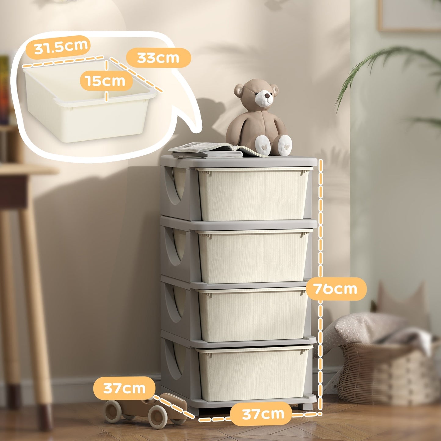 HOMCOM Four-Tier Kids Storage Boxes, with Four Drawers - White