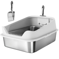 PawHut XL Stainless Steel Cat Litter Box with High Sides, Metal Scoop, 60 x 40 x 30 cm