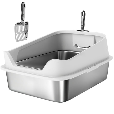 PawHut XL Stainless Steel Cat Litter Box with High Sides, Metal Scoop, 60 x 40 x 30 cm