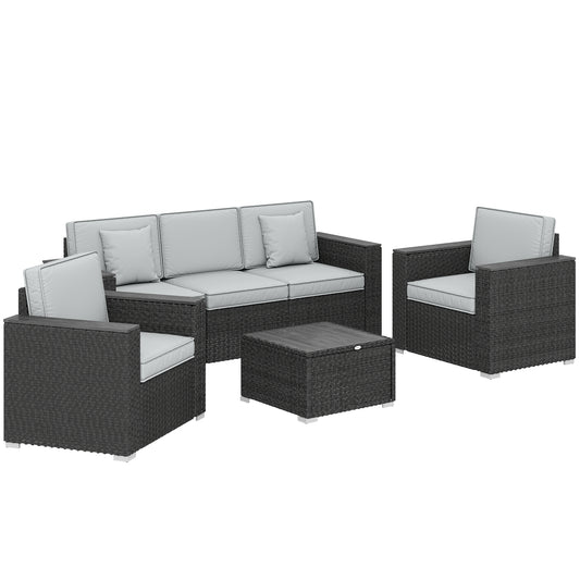 Outsunny 5 Seater Rattan Garden Furniture Set with Wide Armrests, Cushions, Pillows for Patio, Dark Grey