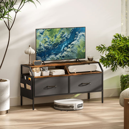 HOMCOM TV Stand Cabinet, TV Unit for 55-inch TVs with 2 Foldable Fabric Drawers, 5 Divided Side Pockets, Open Shelves, Console Table for Living Room, Bedroom, Entertainment Room, Rustic Brown