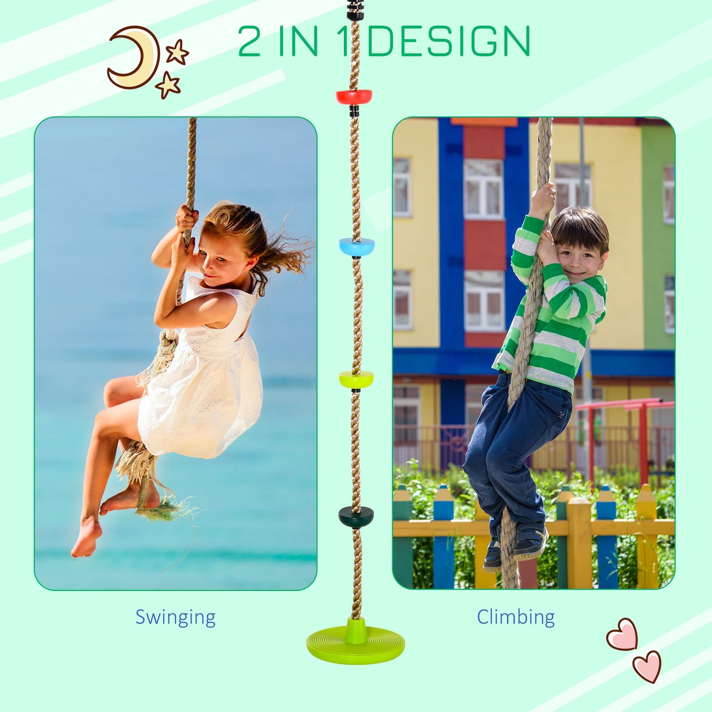 HOMCOM Kids Climbing Rope Tree Swing Disc Swing Seat Outdoor Playground Backyard Hanging Rope Playset for 3-12 Years