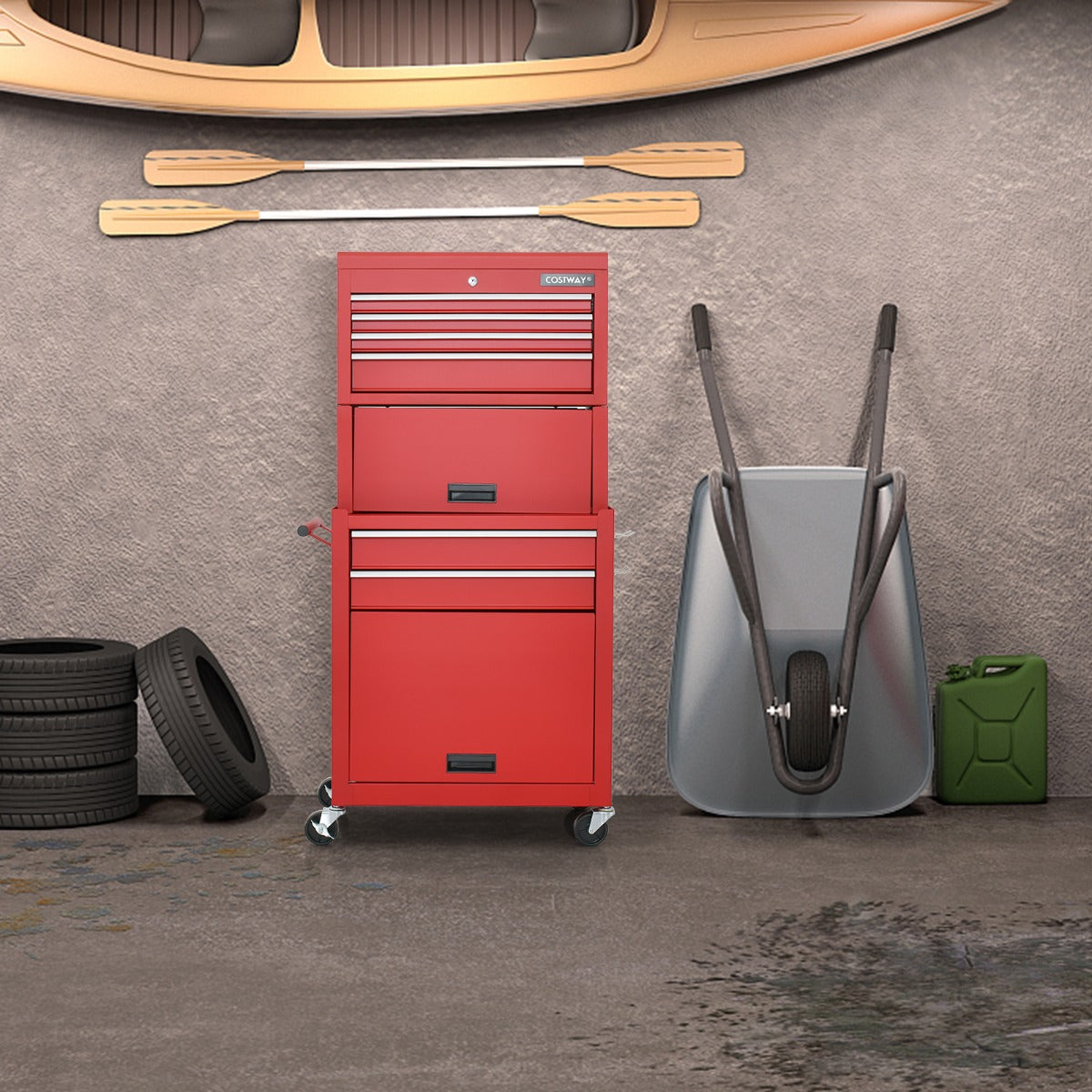 2-In-1 High Capacity Rolling Tool Chest with Handle & 4 Wheels for Garage-Red