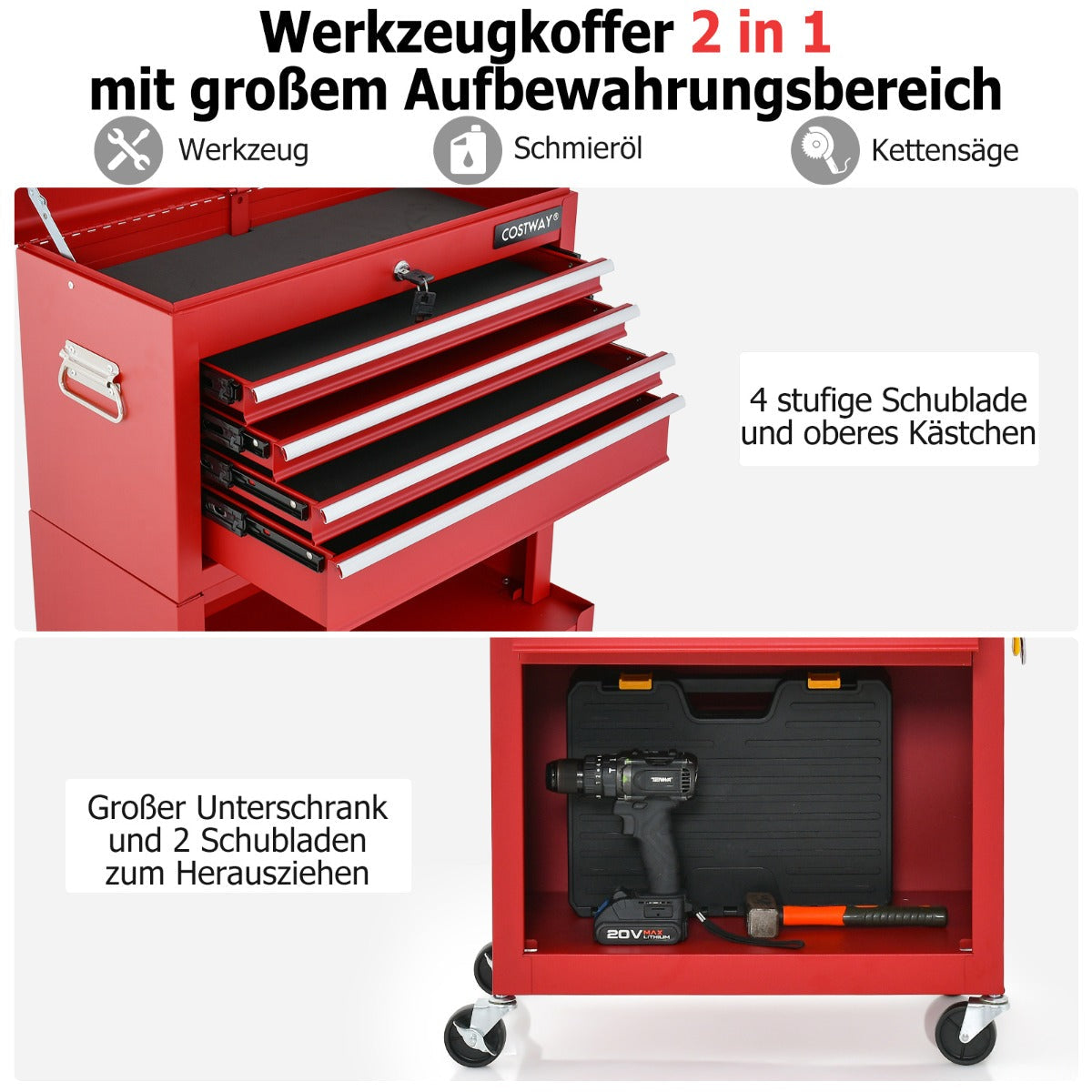 2-In-1 High Capacity Rolling Tool Chest with Handle & 4 Wheels for Garage-Red