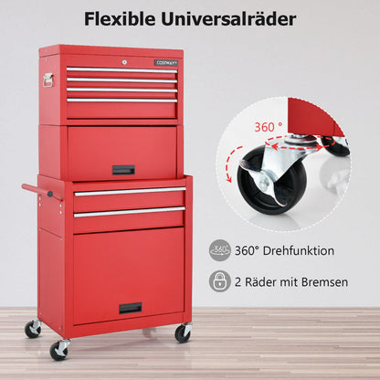 2-In-1 High Capacity Rolling Tool Chest with Handle & 4 Wheels for Garage-Red