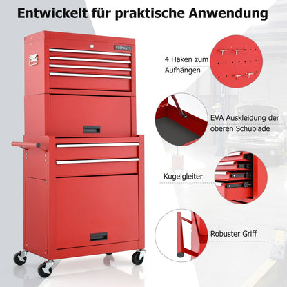 2-In-1 High Capacity Rolling Tool Chest with Handle & 4 Wheels for Garage-Red