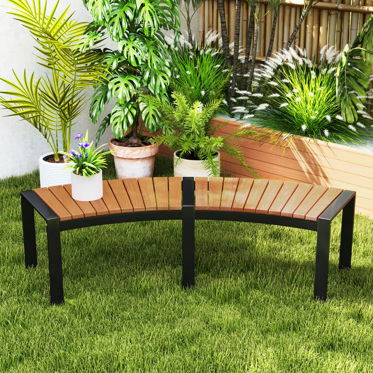 Acacia Wood Fire Pit Bench with Slatted Seat  Metal Legs-2 Pack