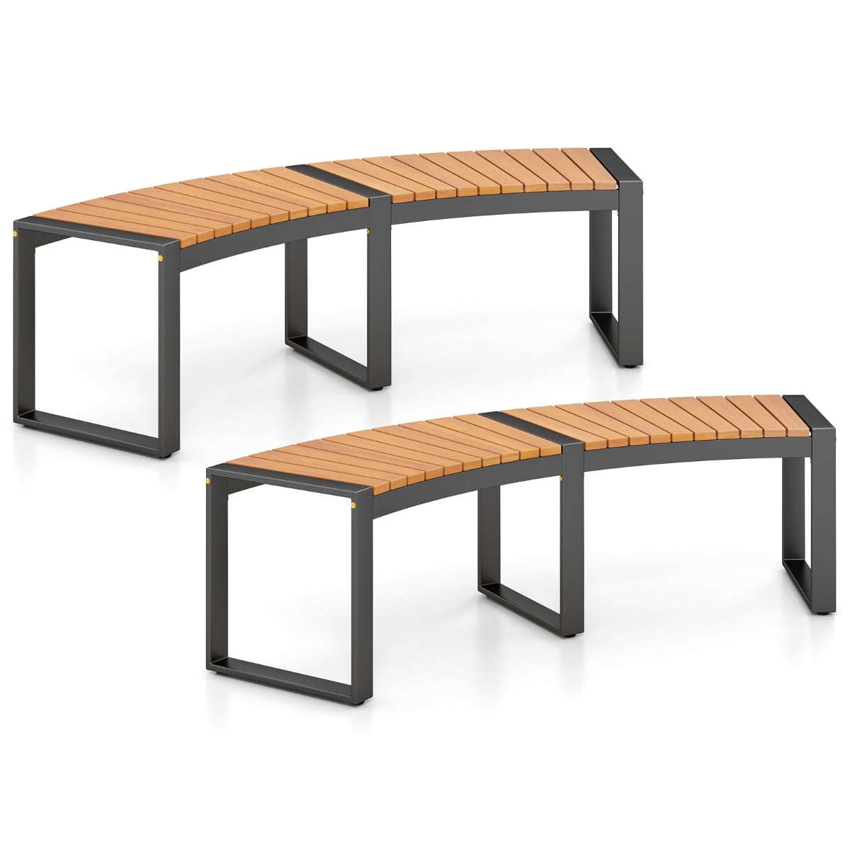 Acacia Wood Fire Pit Bench with Slatted Seat  Metal Legs-2 Pack