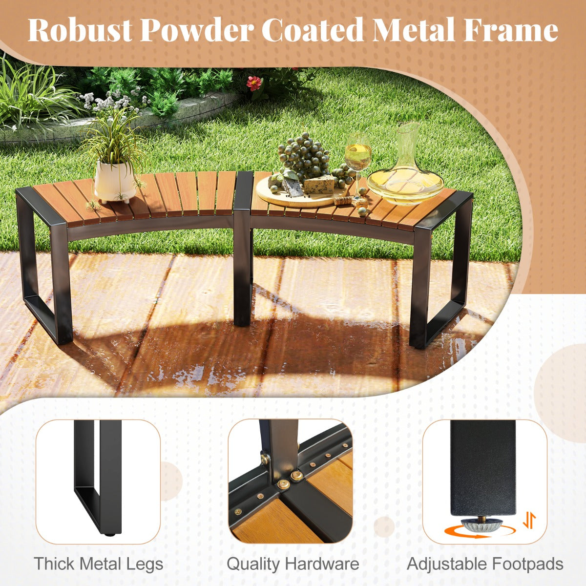Acacia Wood Fire Pit Bench with Slatted Seat  Metal Legs-2 Pack