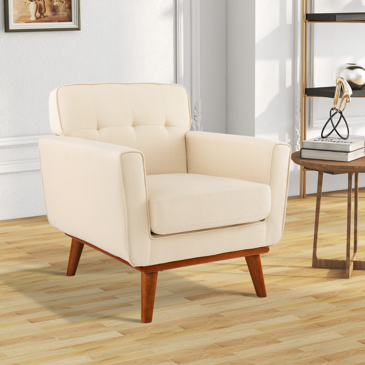 Modern Accent Chair Upholstered Linen Fabric Armchair with Removable Padded Seat Cushion-Beige