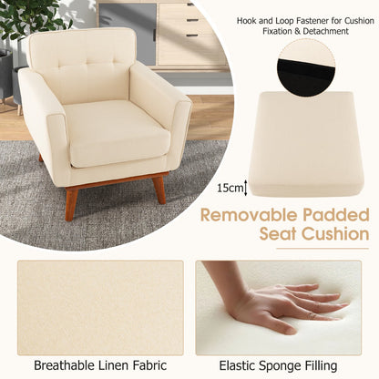 Modern Accent Chair Upholstered Linen Fabric Armchair with Removable Padded Seat Cushion-Beige