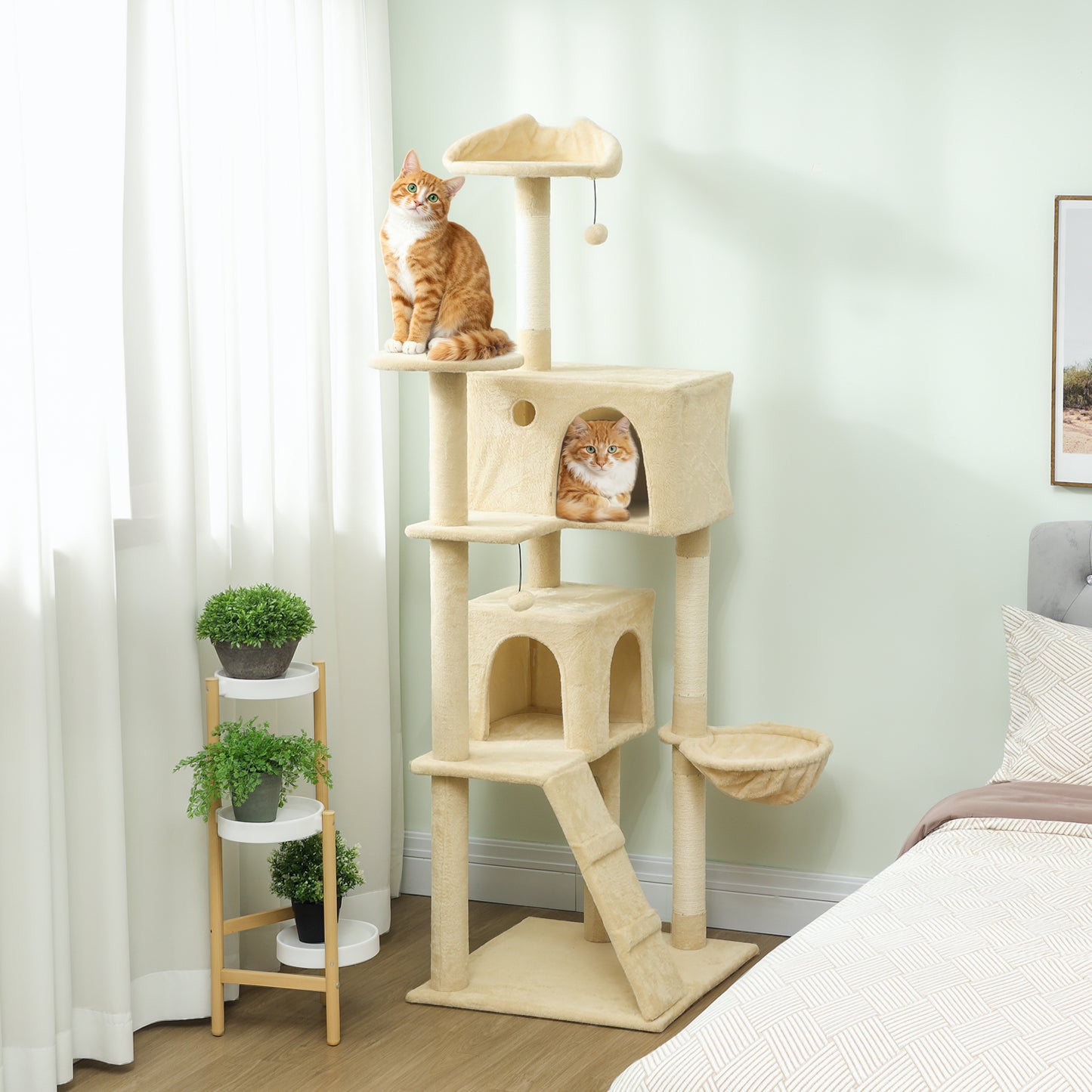 PawHut 180cm Large Cat Tree Tower with Sisal Scratching Posts, Condos, Plush Perches, Hammock, Ladder, Beige